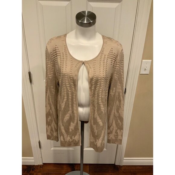 Lafayette 148 New York Tan Knit Eyelet Textured Silk Blend Cardigan, Size L - Picture 1 of 9